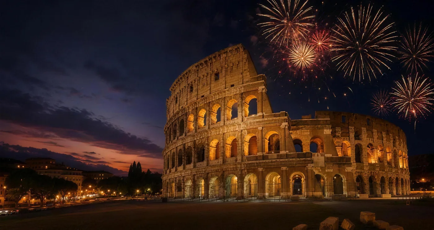 The Colosseum lit up at night with fireworks over Rome